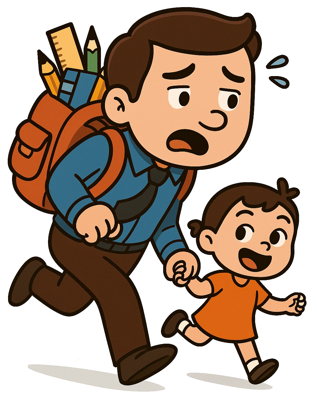 Vater mit Kind rennen mit Schulmaterialien auf dem Rücken