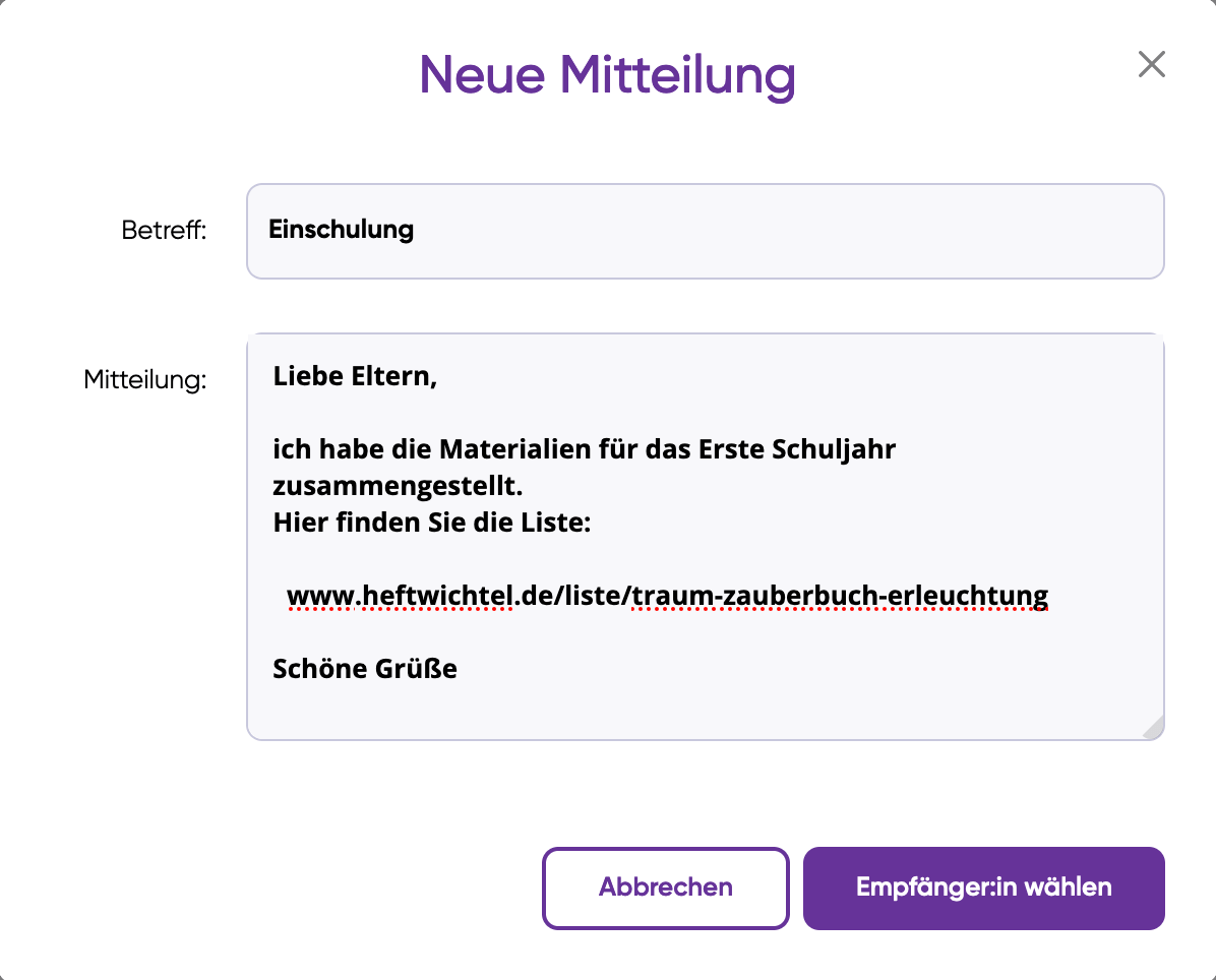 Screenshot von einem Schul-Messenger mit dem Link zu der Heftwichtel Liste