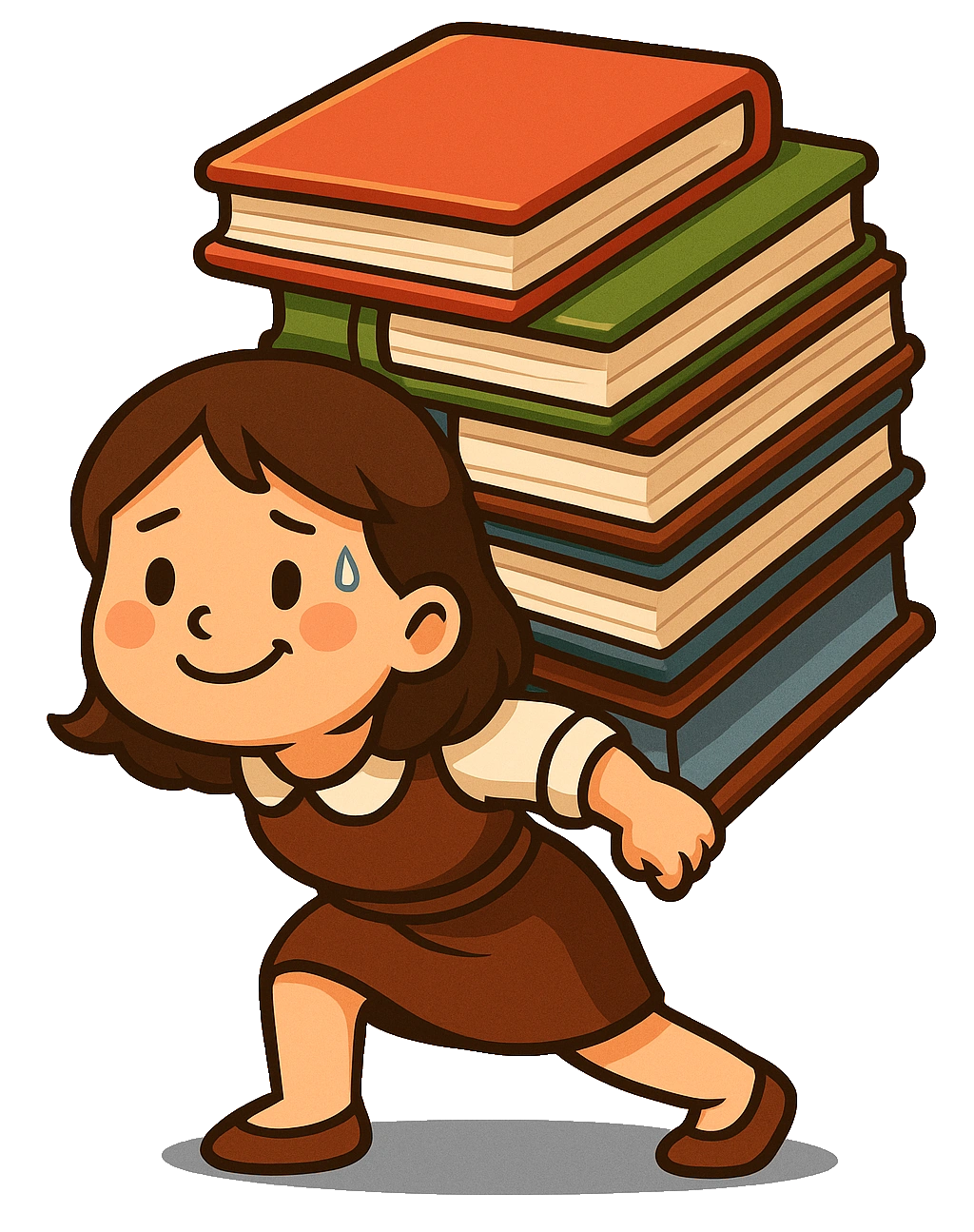 Geschwitzte Lehrerin mit vielen Büchern auf dem Rücken